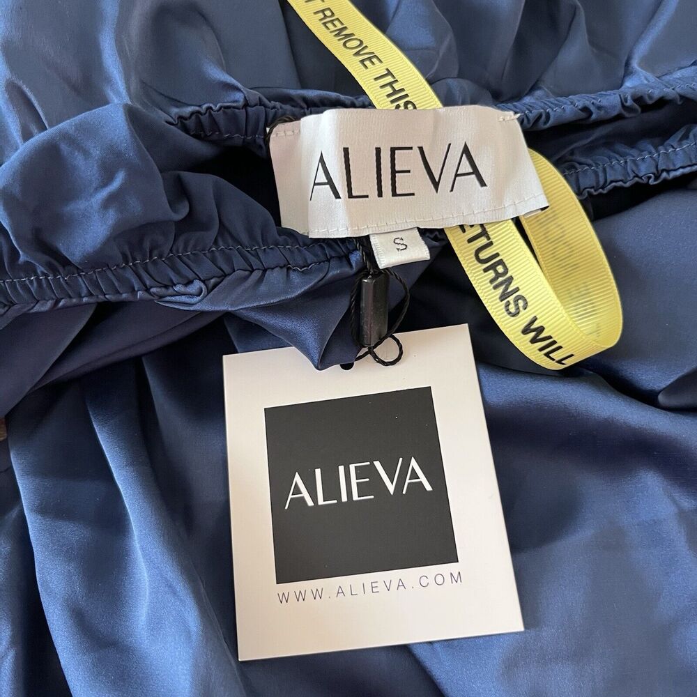 Alieva Puff Sleeve Satin Midi Dress Navy Blue Size Small NWT Party Dress - Picture 8 of 11